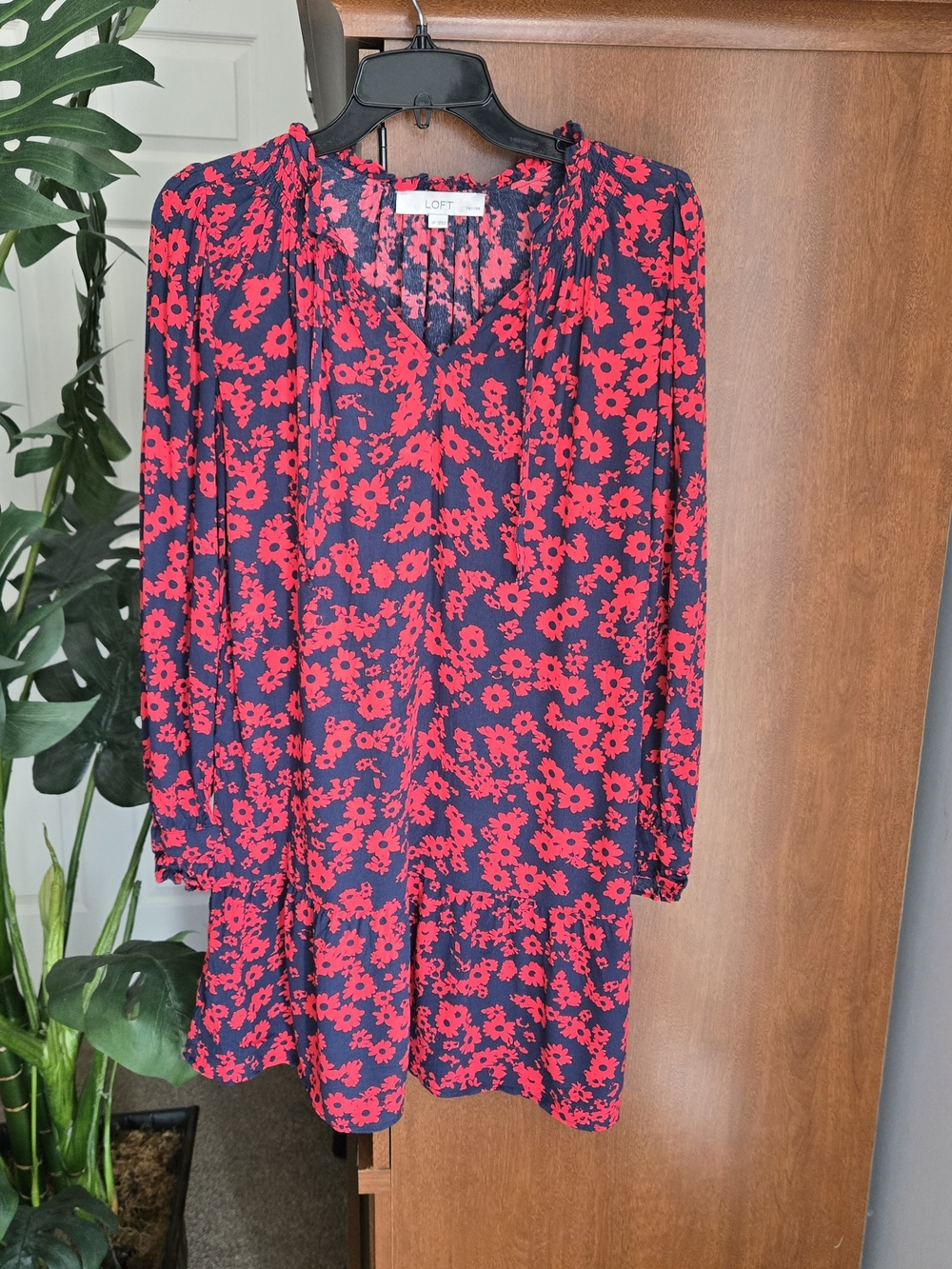 LOFT Navy Long-Sleeve Dress with Bright Red Floral Print
